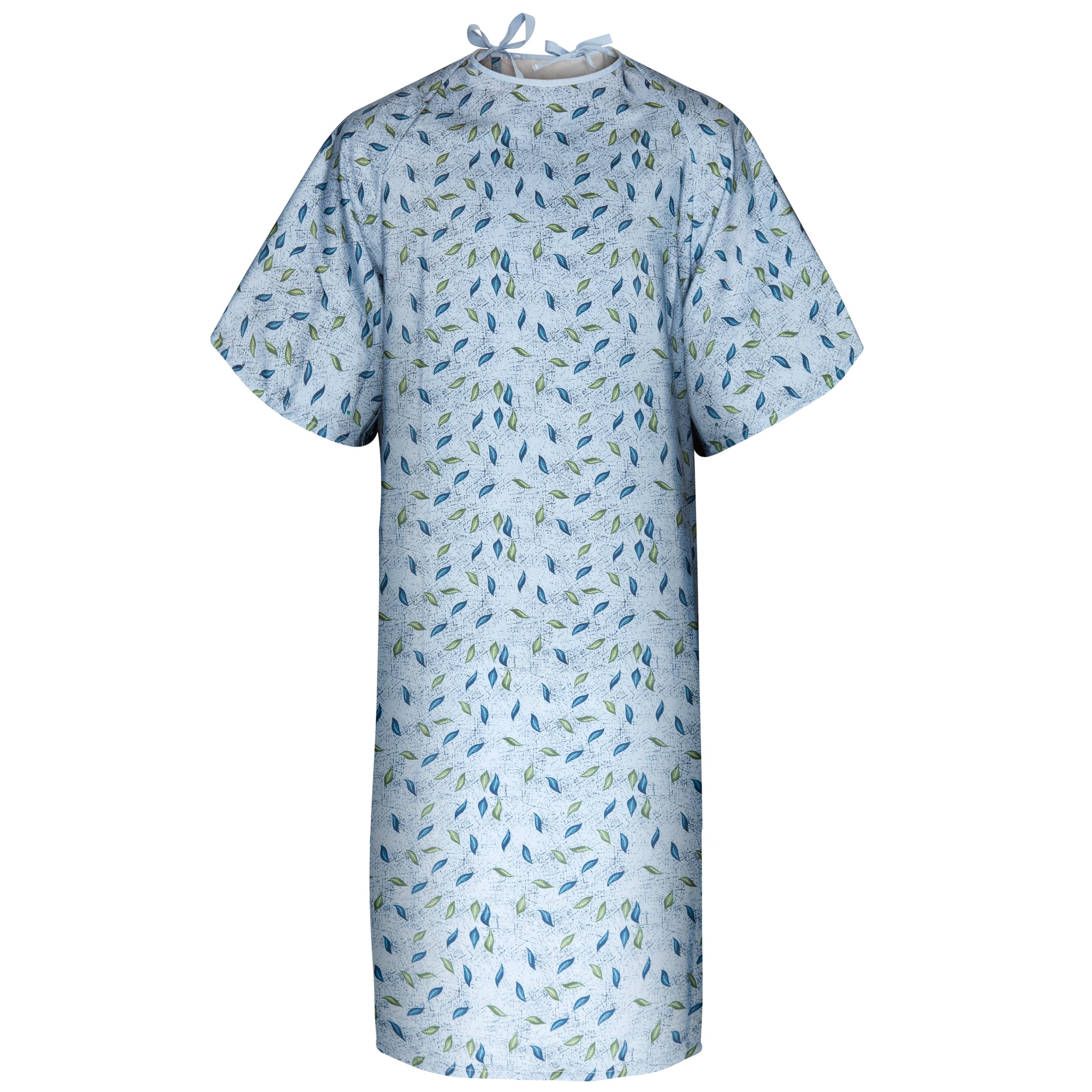 Premium Polyester Patient Gowns - Blue Leaf Print - Case of 48 Pieces
