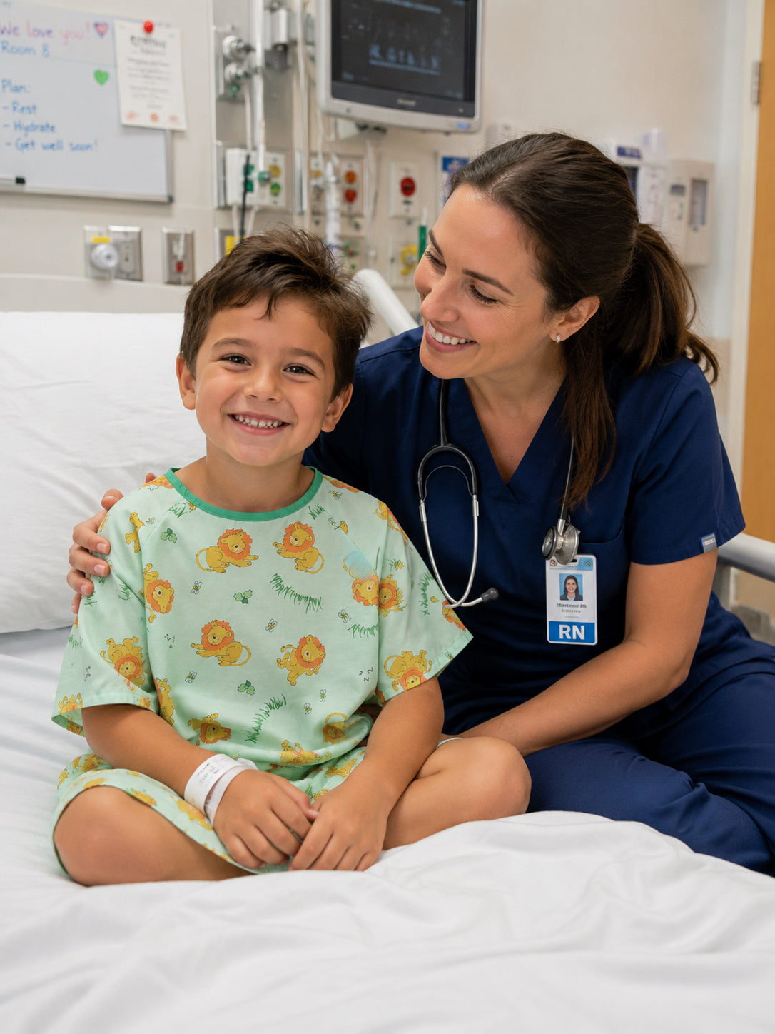 Pediatric Patient Gowns - Lazy Lion Print - 100% Polyester - Flame Retardant