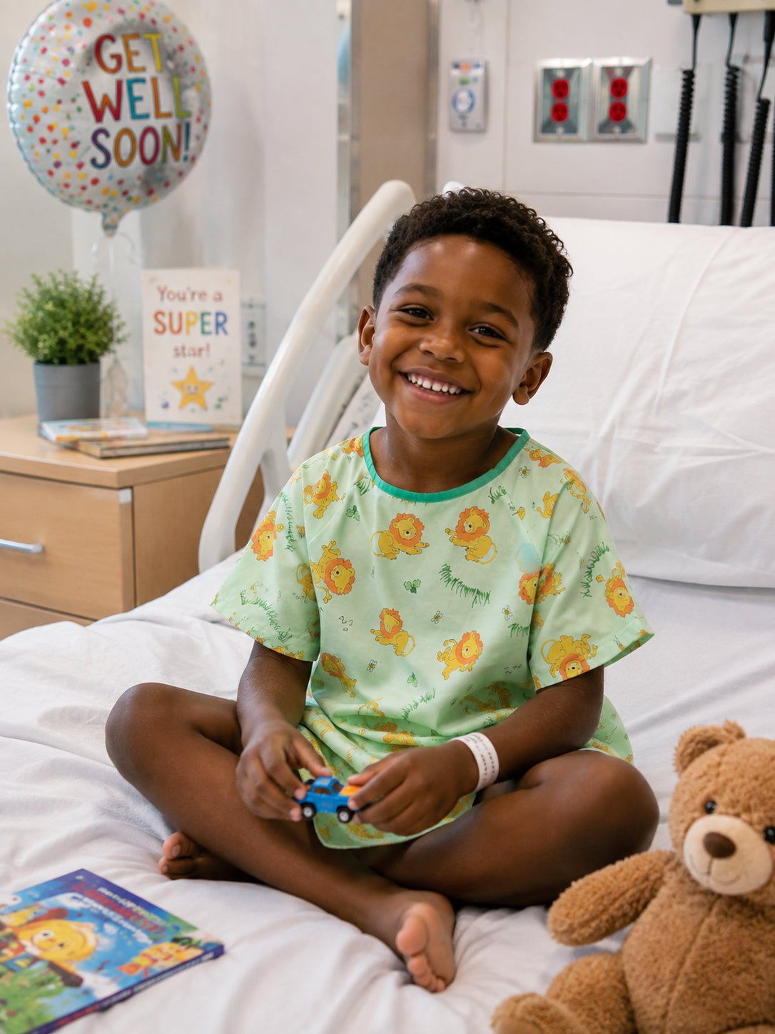 Pediatric Patient Gowns - Lazy Lion Print - 100% Polyester - Flame Retardant
