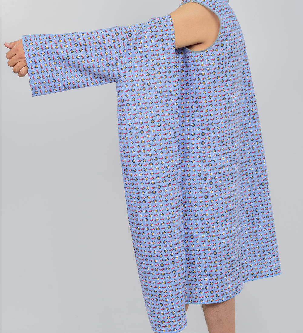 Three-Armhole Patient Gown  - 55% Cotton / 45% Polyester - Blue Mosaic Print