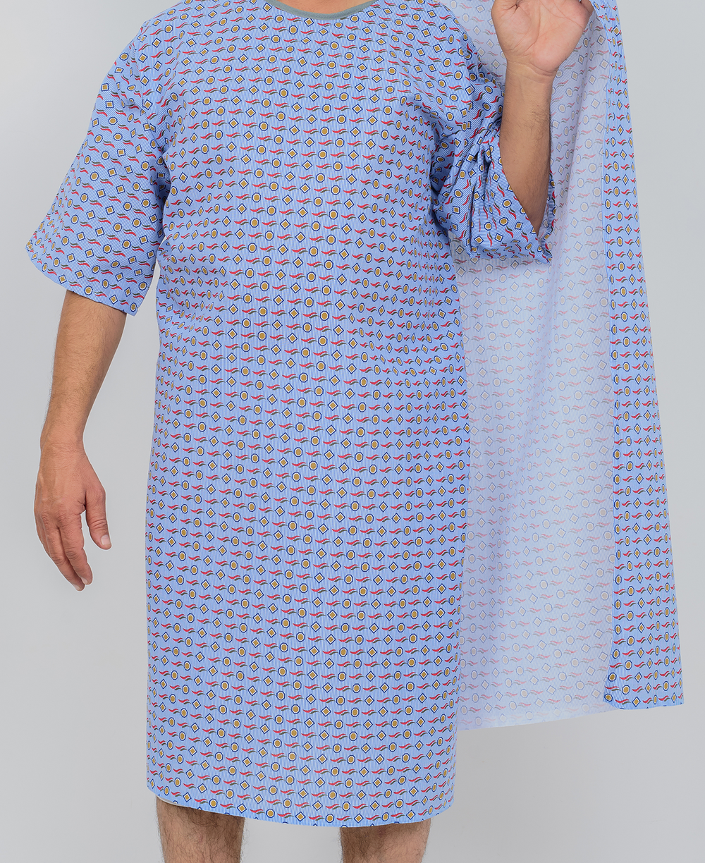 Three-Armhole Patient Gown  - 55% Cotton / 45% Polyester - Blue Mosaic Print