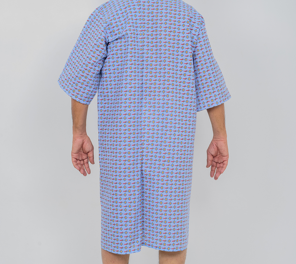 Three-Armhole Patient Gown  - 55% Cotton / 45% Polyester - Blue Mosaic Print