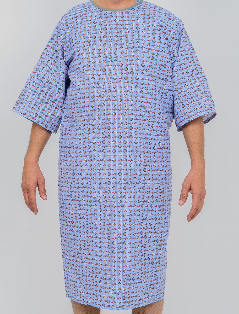 Three-Armhole Patient Gown  - 55% Cotton / 45% Polyester - Blue Mosaic Print