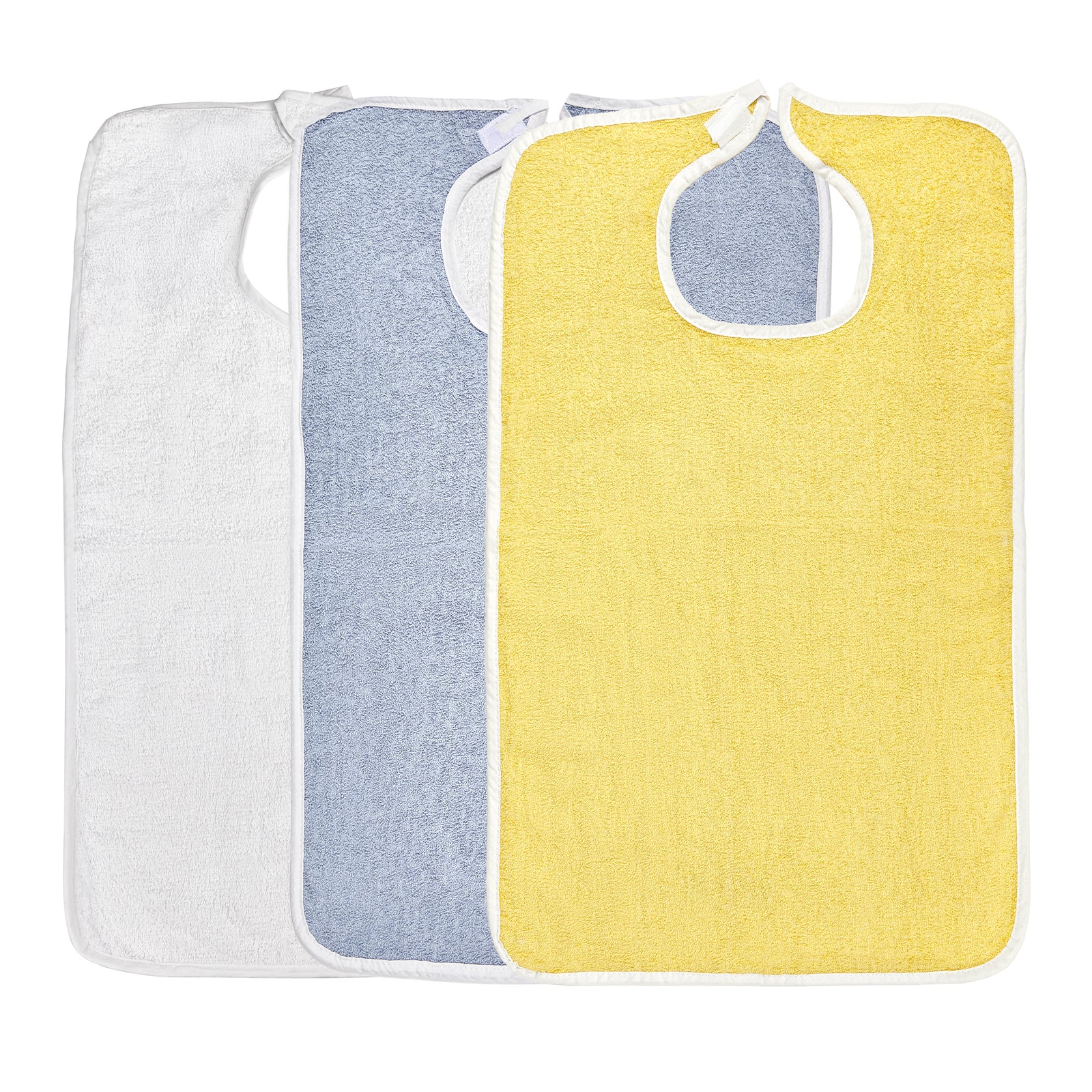 washable adult bibs in white, blue, and yellow colors trusted thread