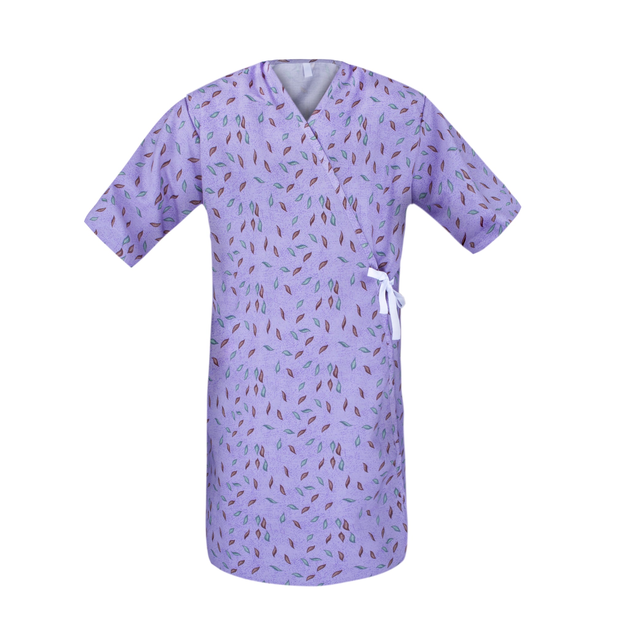 purple leaf print female patient hospital gowns with front open waist tie closure trusted thread